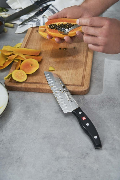 Twin Signature 7-inch Razor-Sharp German Hollow Edge Santoku Knife, Made in Company-Owned German Factory with Special Formula Steel perfected for almost 300 Years, Dishwasher Safe