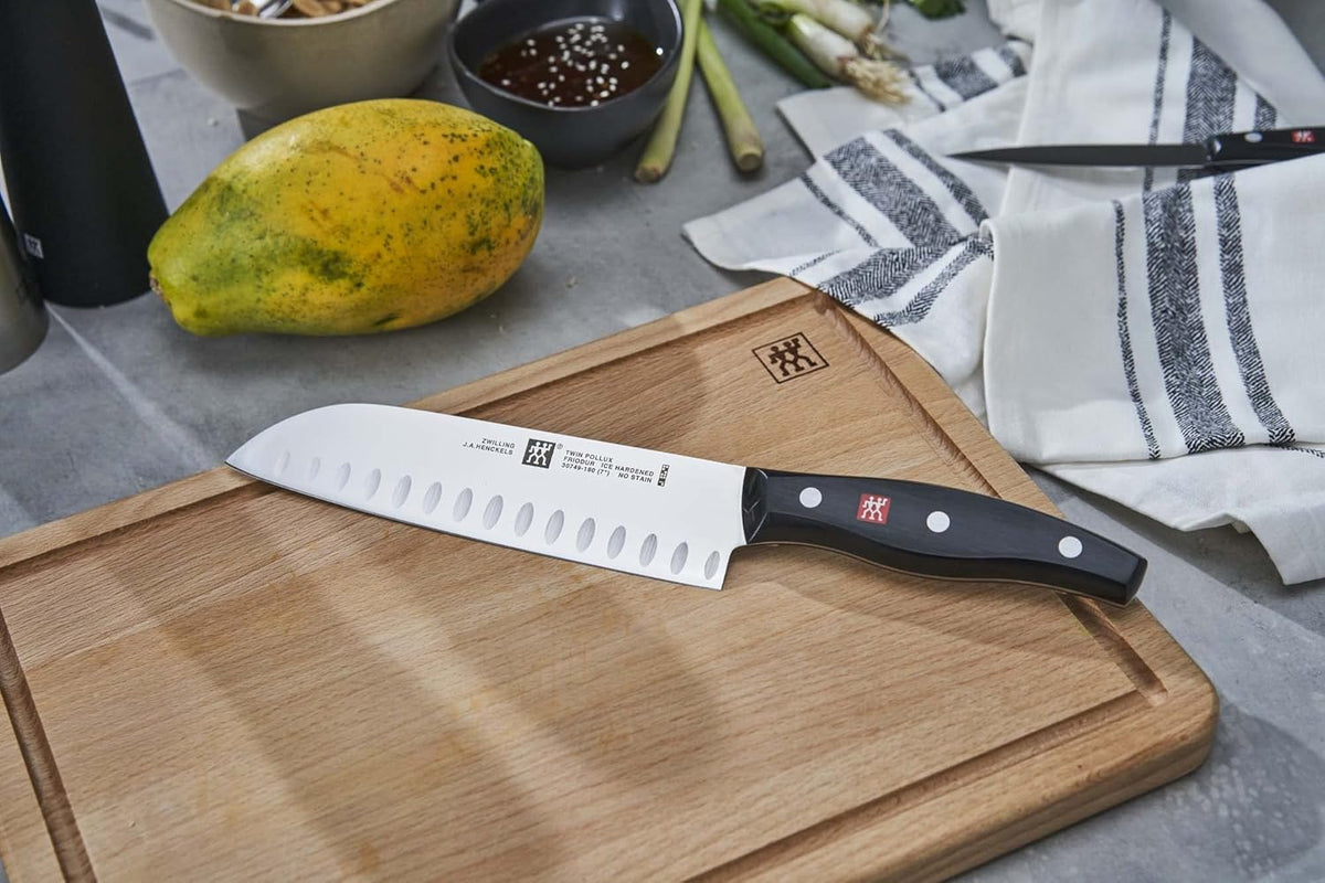 Twin Signature 7-inch Razor-Sharp German Hollow Edge Santoku Knife, Made in Company-Owned German Factory with Special Formula Steel perfected for almost 300 Years, Dishwasher Safe