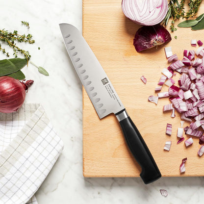 Twin Signature 7-inch Razor-Sharp German Hollow Edge Santoku Knife, Made in Company-Owned German Factory with Special Formula Steel perfected for almost 300 Years, Dishwasher Safe