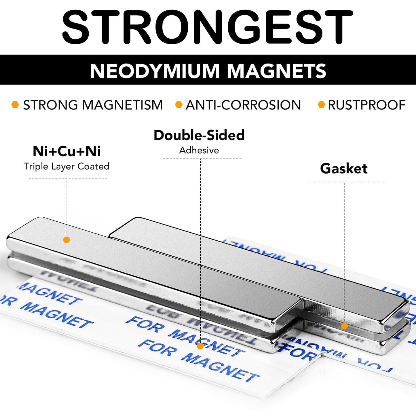 Strong Magnets, 8 Pack Neodymium Magnetic Strips Adhensive Backing | Industrial Rare Earth Flat Magnet Bar Heave Duty for Fridge, Whiteboard, Classroom, Science and Craft 2.36 x 0.39 x 0.12 Inch