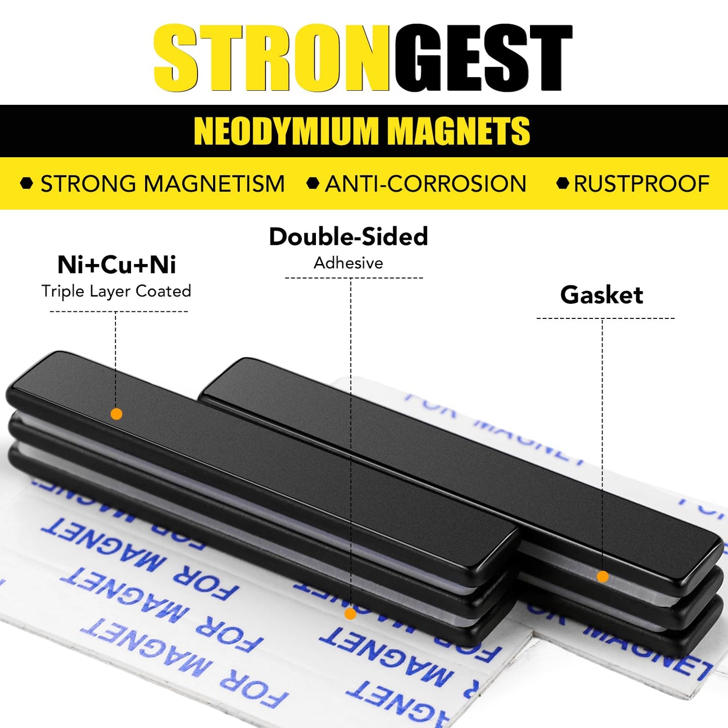 Strong Magnets, 8 Pack Neodymium Magnetic Strips Adhensive Backing | Industrial Rare Earth Flat Magnet Bar Heave Duty for Fridge, Whiteboard, Classroom, Science and Craft 2.36 x 0.39 x 0.12 Inch