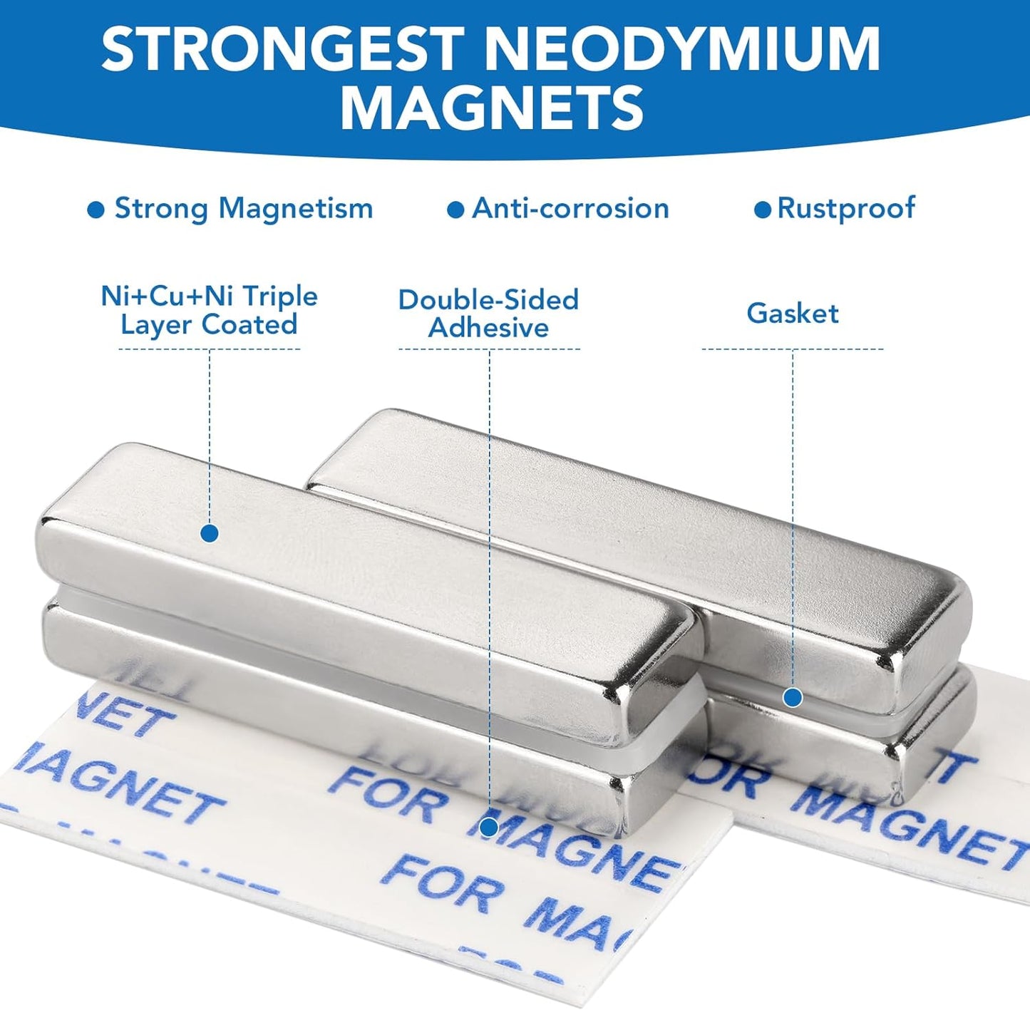Strong Magnets, 8 Pack Neodymium Magnetic Strips Adhensive Backing | Industrial Rare Earth Flat Magnet Bar Heave Duty for Fridge, Whiteboard, Classroom, Science and Craft 2.36 x 0.39 x 0.12 Inch