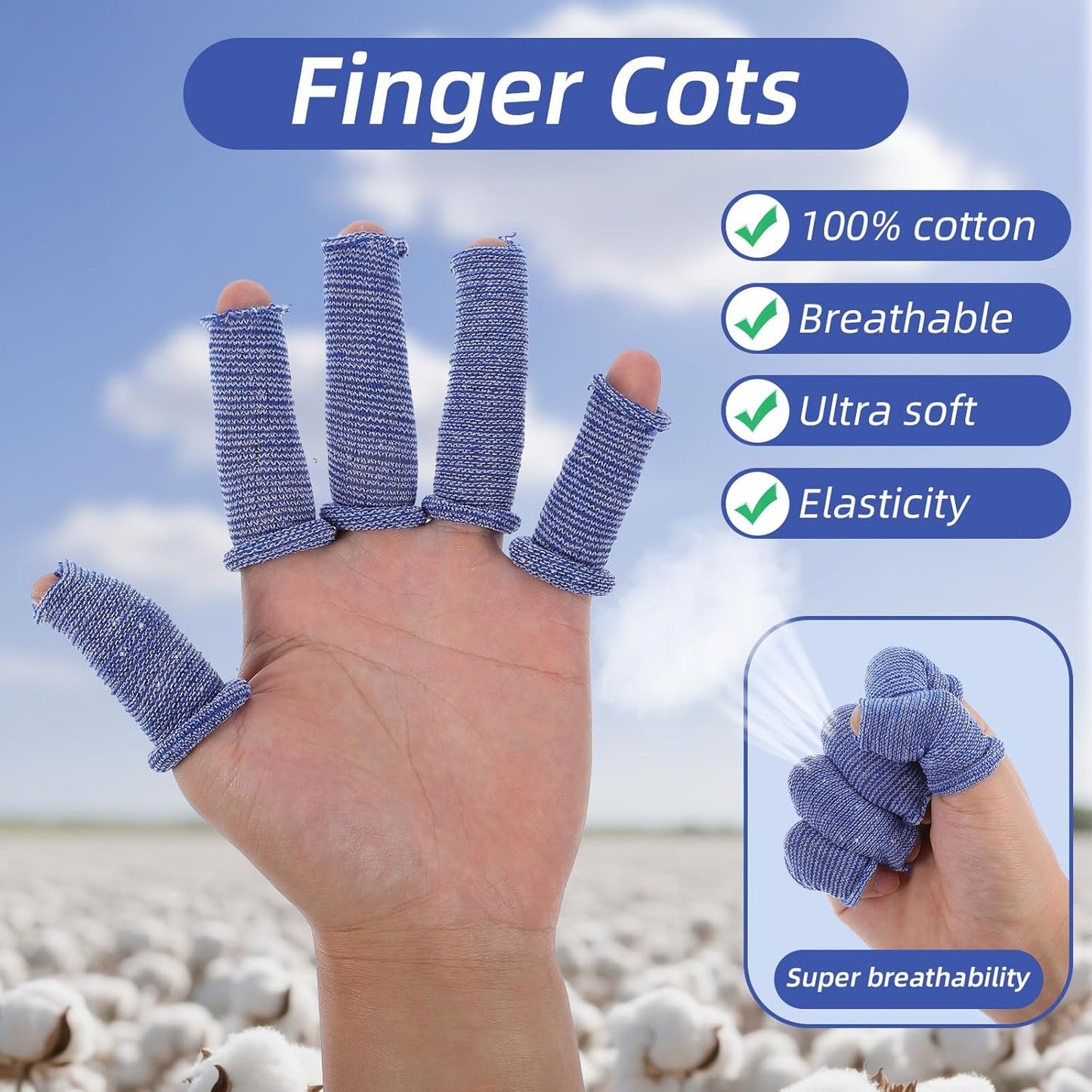 Finger Cots, 60 Pcs Finger Bandage Roll for Fingers Tips Cut Resistant Fingers Protectors Tubular Bandages for Wounds Elastic Thumb Covers for Gardening Sculpture Kitchen (M, Blue & White)