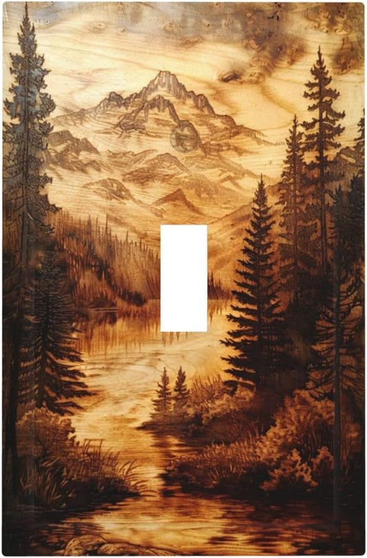 Vintage Brown Wooden Board Carved Mountain Forest Print Decorative Light Switch Cover 1 Gang Single Toggle Device Electrical Faceplate Switchplates Decorator Outlet Wall Plate for Farmhouse Bedroom