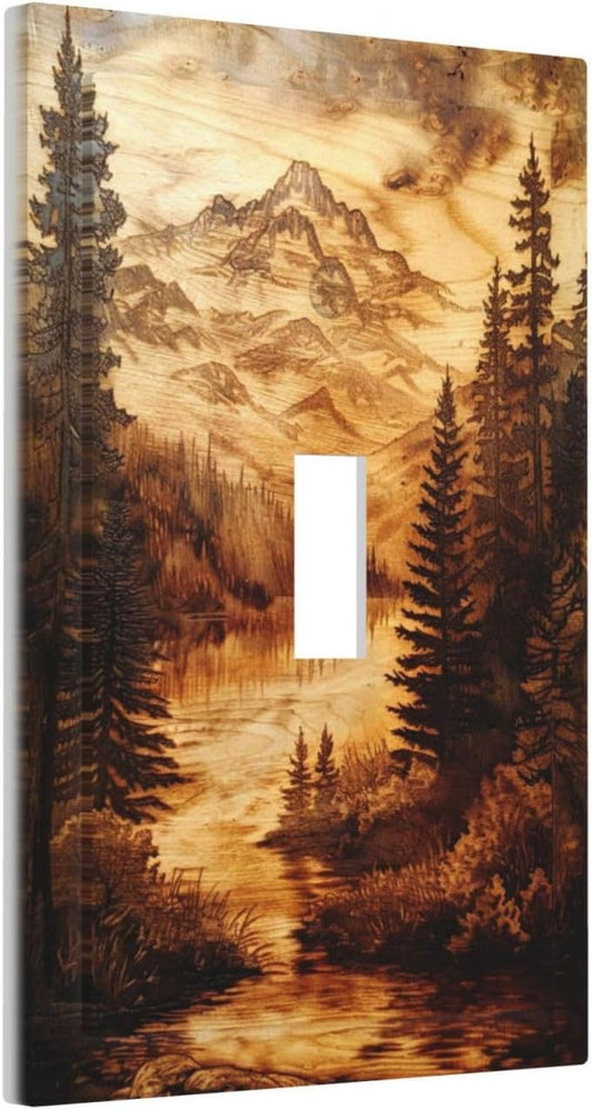 Vintage Brown Wooden Board Carved Mountain Forest Print Decorative Light Switch Cover 1 Gang Single Toggle Device Electrical Faceplate Switchplates Decorator Outlet Wall Plate for Farmhouse Bedroom