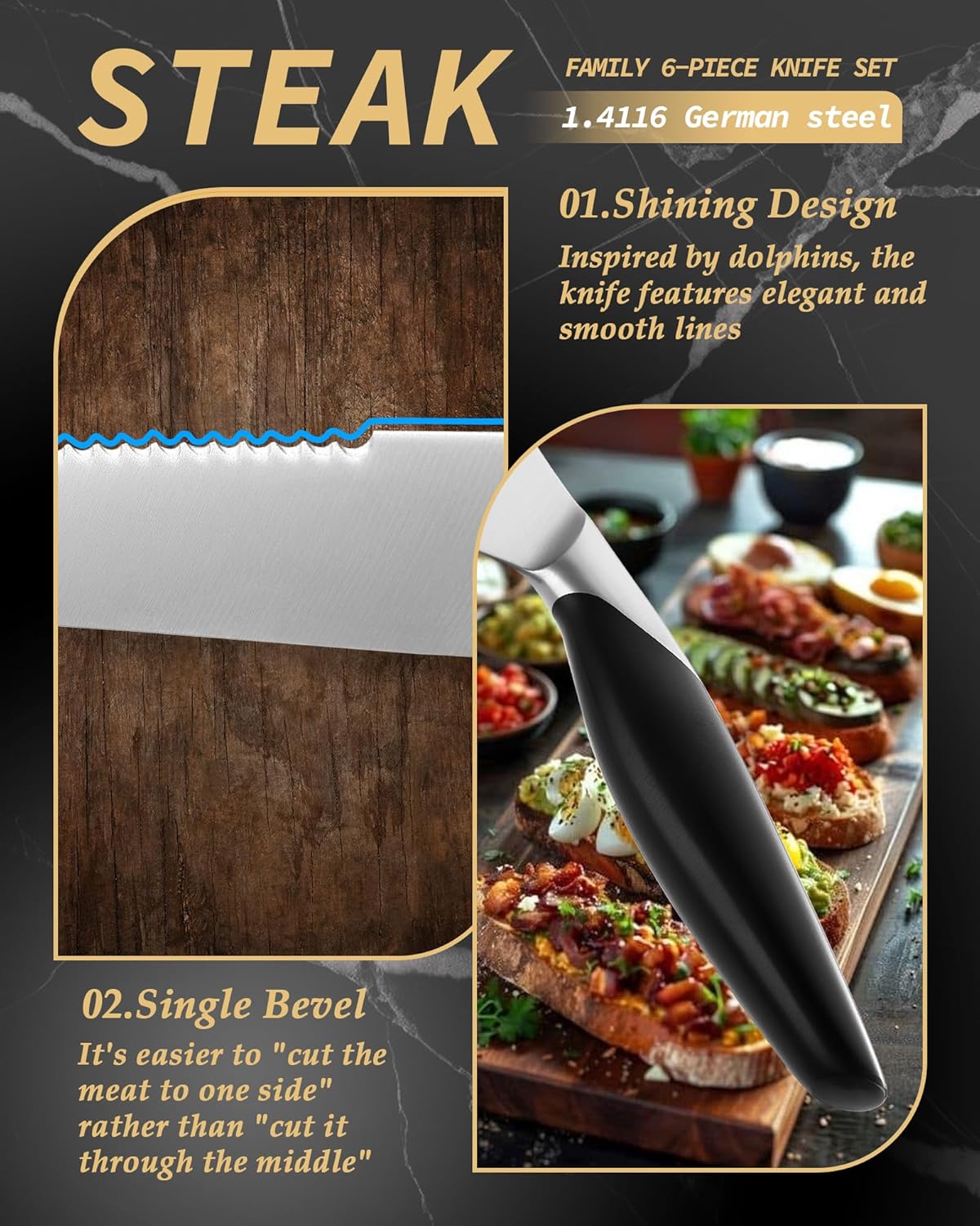 Serrated Steak Knives Set of 6, German 1.4116 Steel
