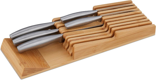 Knife Holder Drawer for 9 Knives and Sharpening Steel, Bamboo Knife Block Lying Down H x W x D: 5.5 x 13 x 40 cm, Natural