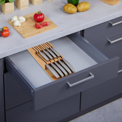 Knife Holder Drawer for 9 Knives and Sharpening Steel, Bamboo Knife Block Lying Down H x W x D: 5.5 x 13 x 40 cm, Natural