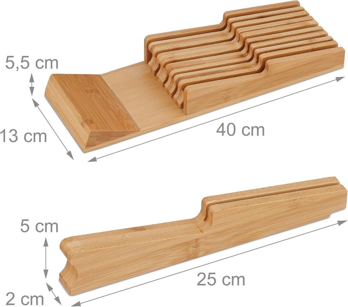 Knife Holder Drawer for 9 Knives and Sharpening Steel, Bamboo Knife Block Lying Down H x W x D: 5.5 x 13 x 40 cm, Natural