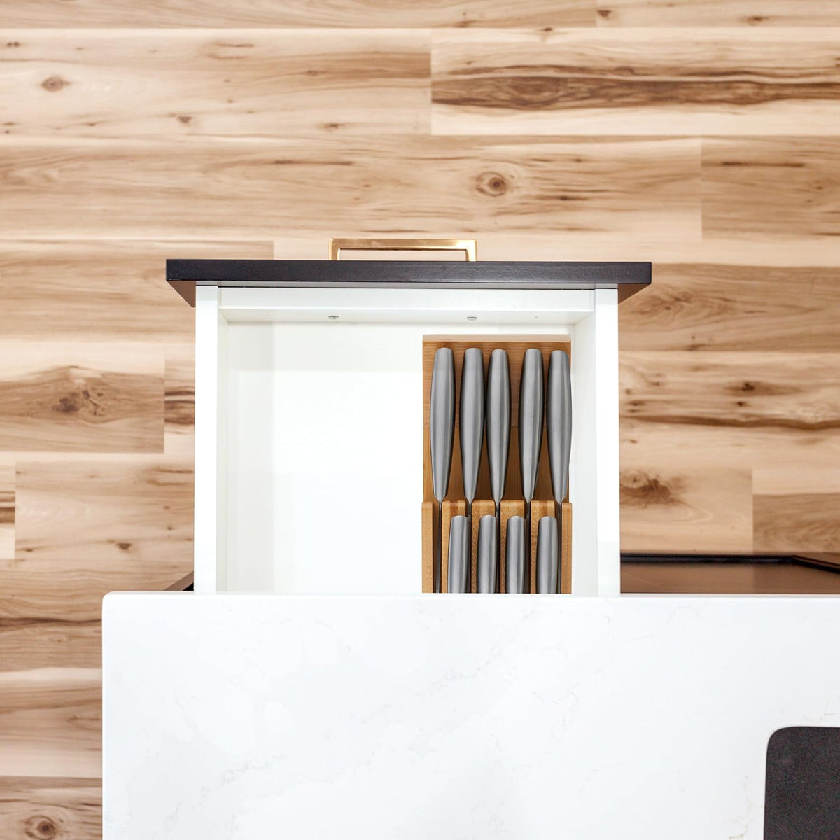 Knife Holder Drawer for 9 Knives and Sharpening Steel, Bamboo Knife Block Lying Down H x W x D: 5.5 x 13 x 40 cm, Natural