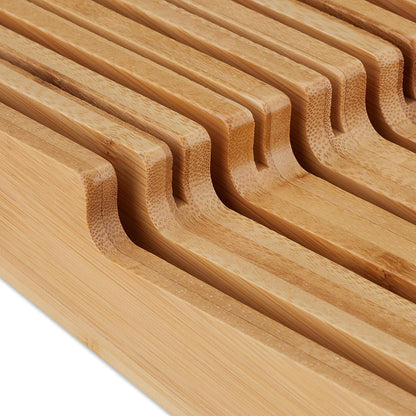 Knife Holder Drawer for 9 Knives and Sharpening Steel, Bamboo Knife Block Lying Down H x W x D: 5.5 x 13 x 40 cm, Natural
