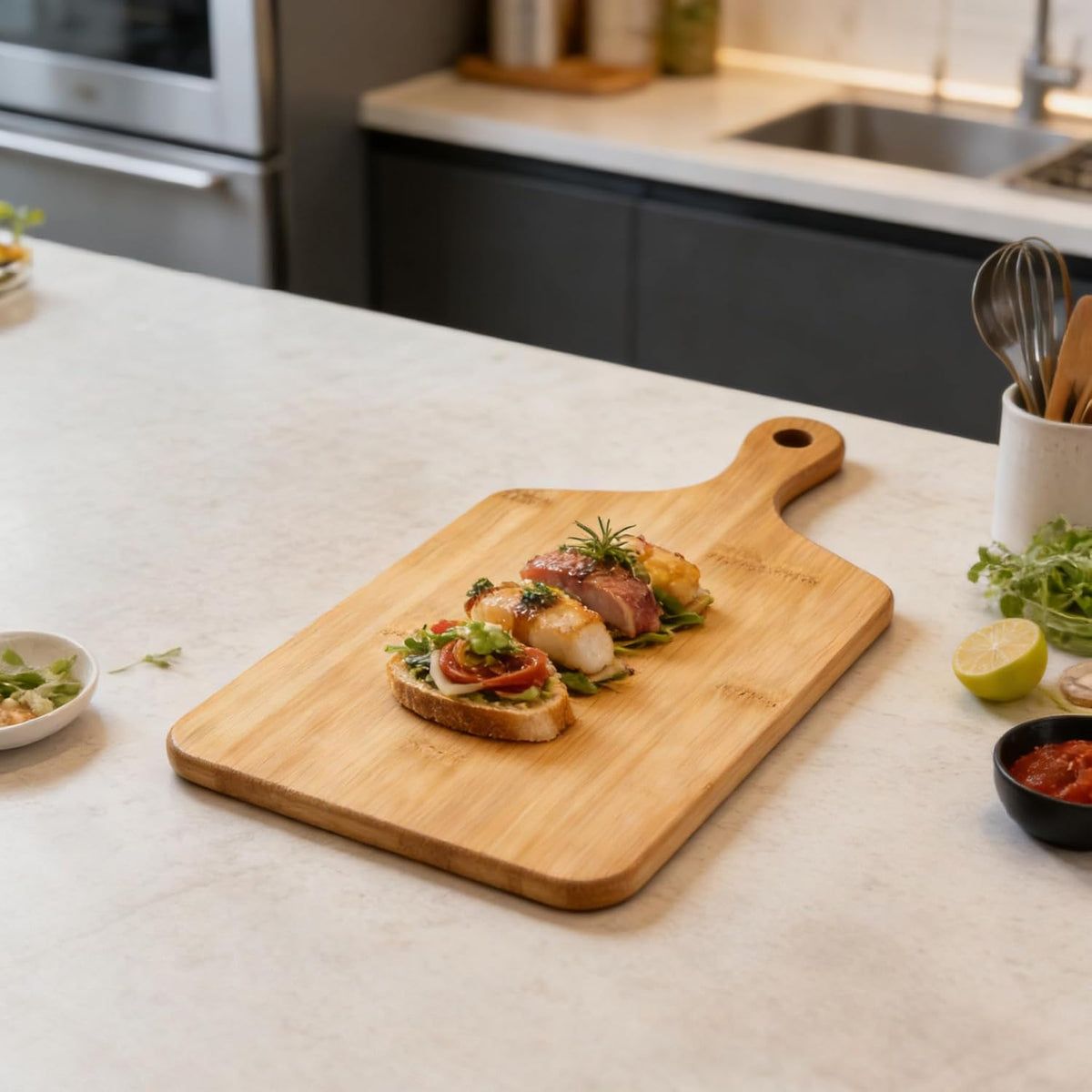 Small Bamboo Cutting Board with Handle, 13x6.5Inch Charcuterie Serving Tray | Premium Natural Wood Serving Board. Perfect for cutting, serving cheese charcuterie. Eco-friendly. Kitchen Décor. Ideal Gift