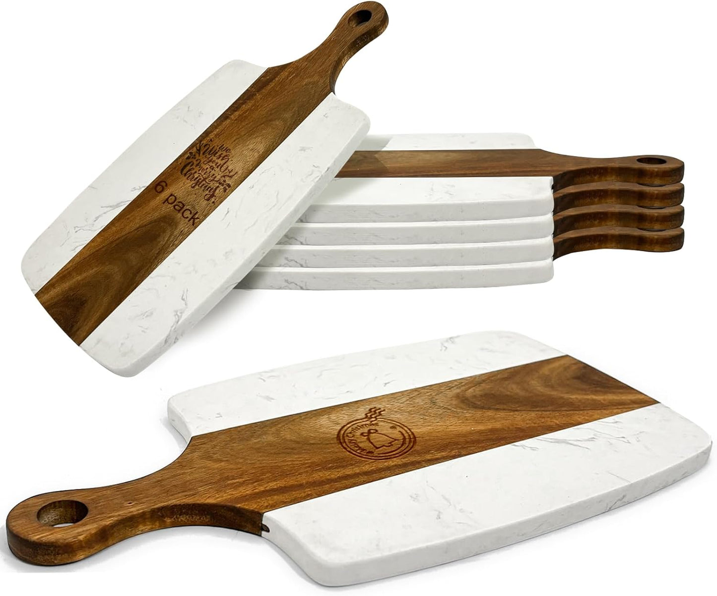 6 Pack Marble and Wood Cutting Board Acacia Wooden Marble Serving Tray with Handle Charcuterie Chopping Board for Laser Engrave, DIY Gift(13.75 Inches x 7.25 Inches)