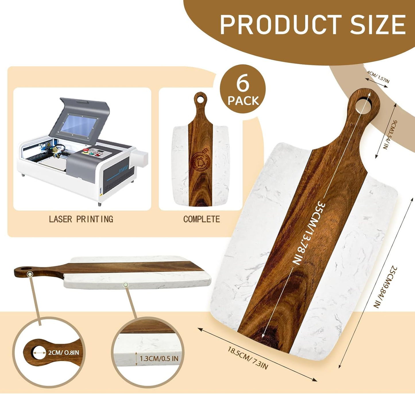 6 Pack Marble and Wood Cutting Board Acacia Wooden Marble Serving Tray with Handle Charcuterie Chopping Board for Laser Engrave, DIY Gift(13.75 Inches x 7.25 Inches)