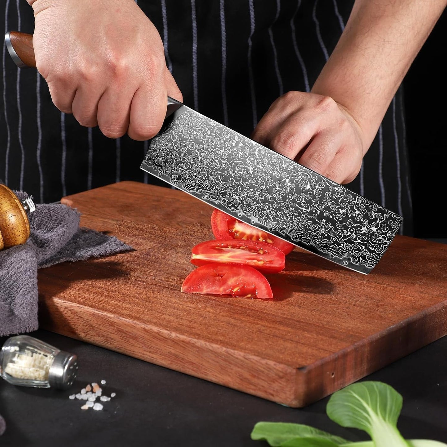 Damascus Nakiri Knife with VG10 Core and 67-Layer Blade | Weight-Balanced Japanese Knife, Mosaic Pin Detail, Ergonomic Walnut Handle, Full Tang Construction, Gift Box Included