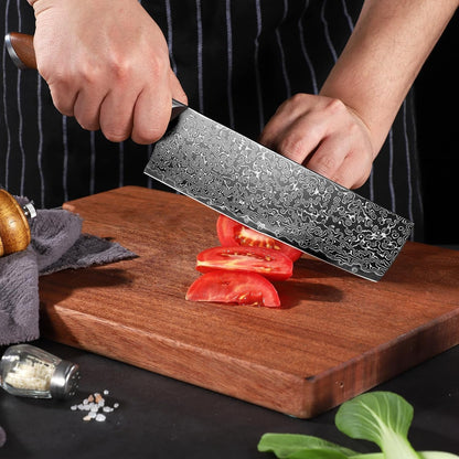Damascus Nakiri Knife with VG10 Core and 67-Layer Blade | Weight-Balanced Japanese Knife, Mosaic Pin Detail, Ergonomic Walnut Handle, Full Tang Construction, Gift Box Included