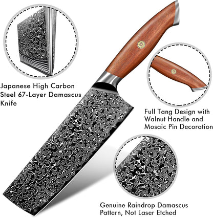 Damascus Nakiri Knife with VG10 Core and 67-Layer Blade | Weight-Balanced Japanese Knife, Mosaic Pin Detail, Ergonomic Walnut Handle, Full Tang Construction, Gift Box Included