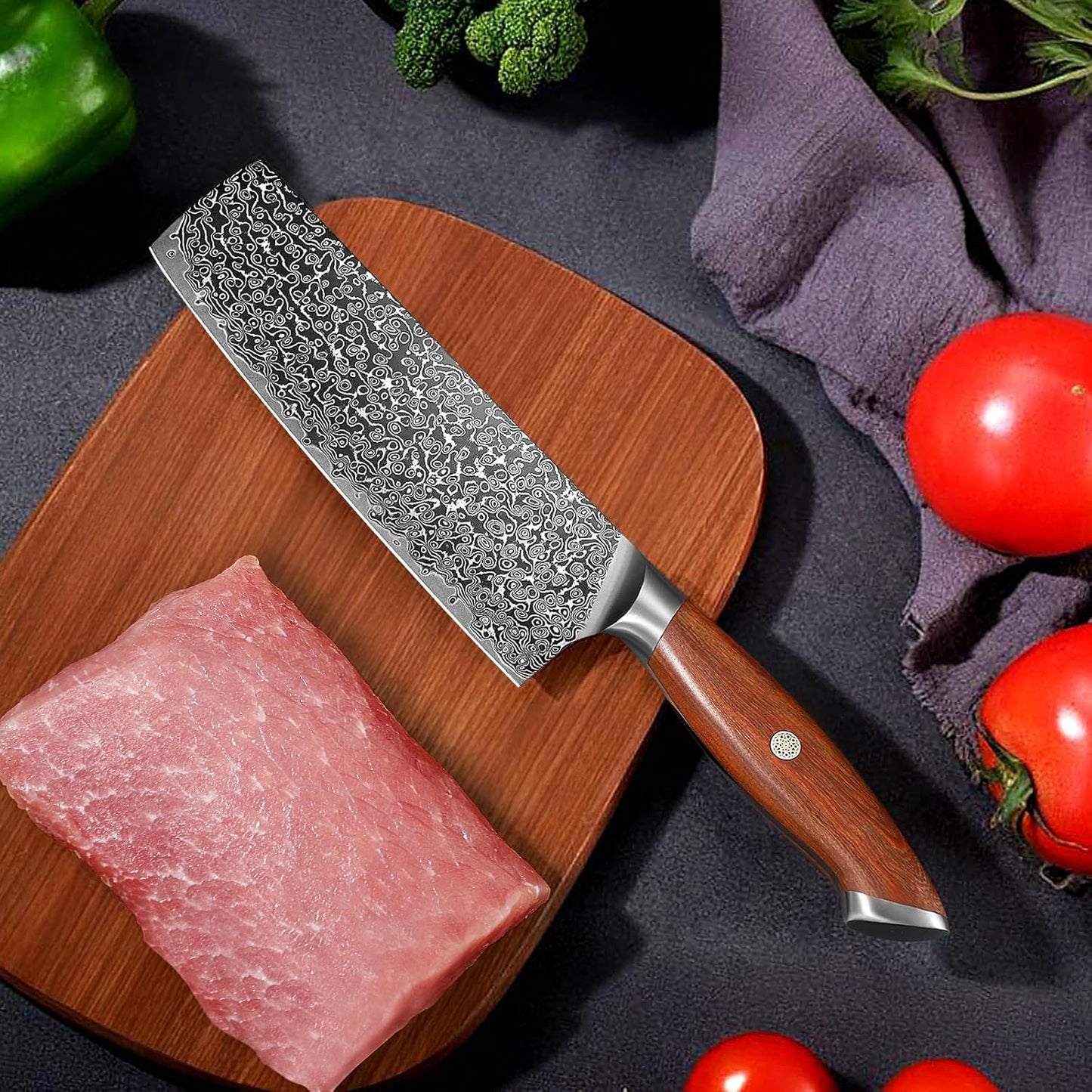 Damascus Nakiri Knife with VG10 Core and 67-Layer Blade | Weight-Balanced Japanese Knife, Mosaic Pin Detail, Ergonomic Walnut Handle, Full Tang Construction, Gift Box Included