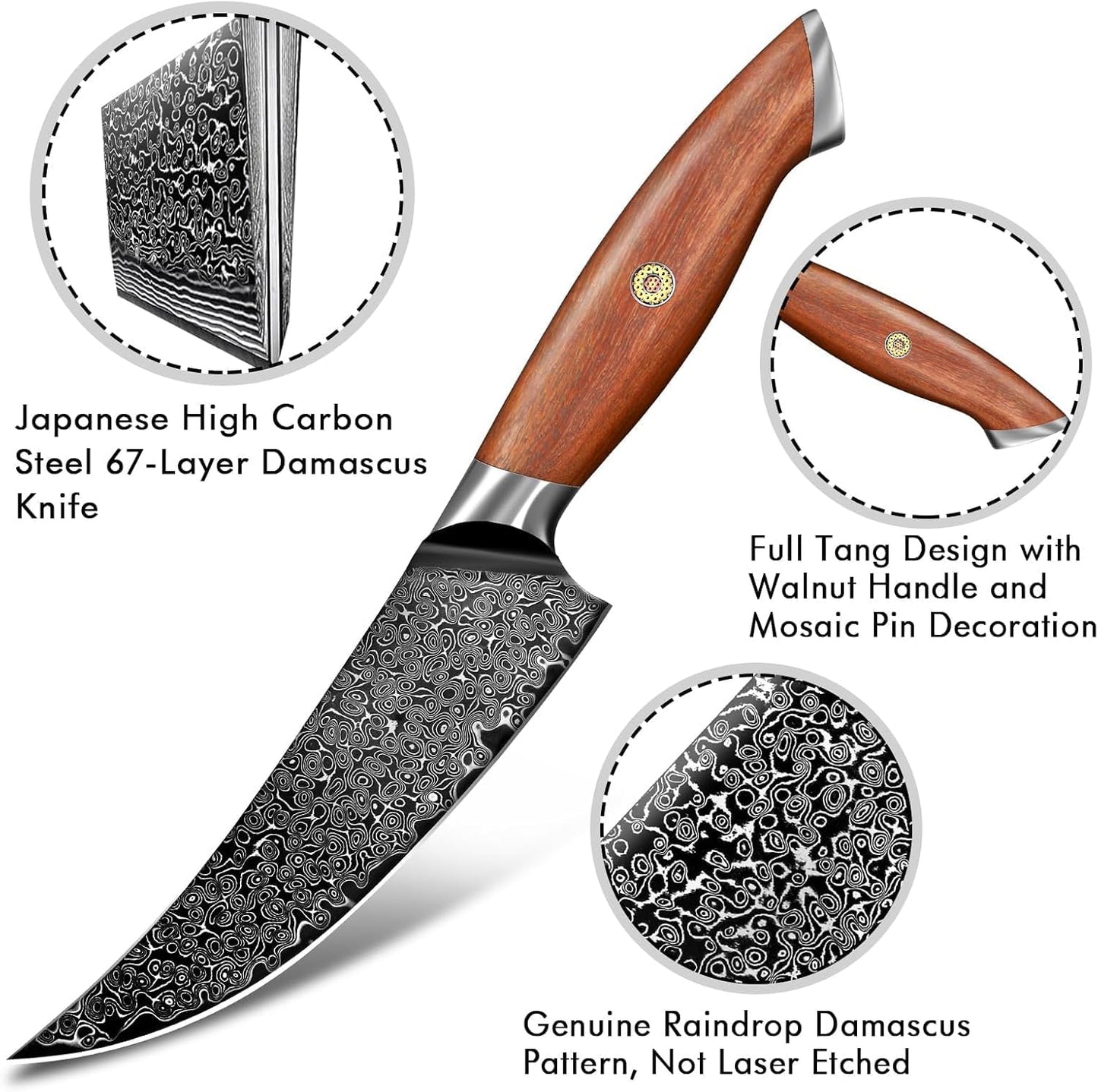 Damascus Nakiri Knife with VG10 Core and 67-Layer Blade | Weight-Balanced Japanese Knife, Mosaic Pin Detail, Ergonomic Walnut Handle, Full Tang Construction, Gift Box Included