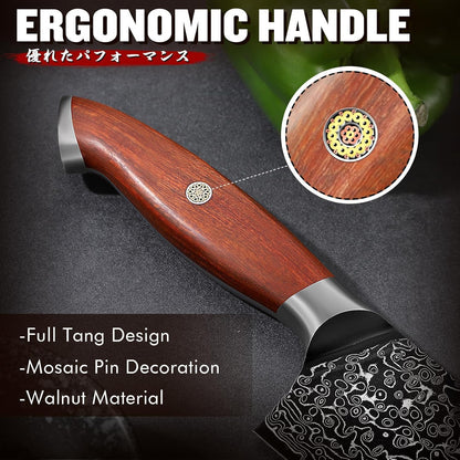 Damascus Nakiri Knife with VG10 Core and 67-Layer Blade | Weight-Balanced Japanese Knife, Mosaic Pin Detail, Ergonomic Walnut Handle, Full Tang Construction, Gift Box Included