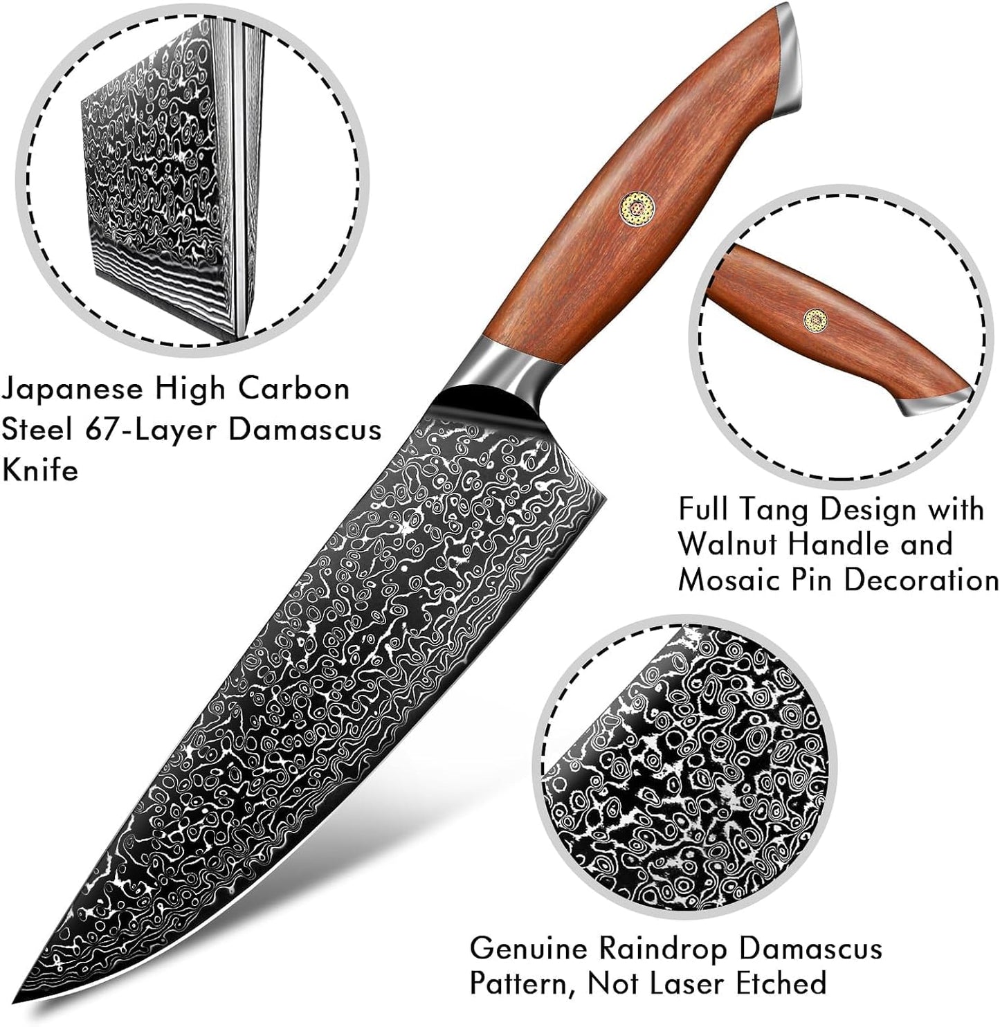 Damascus Nakiri Knife with VG10 Core and 67-Layer Blade | Weight-Balanced Japanese Knife, Mosaic Pin Detail, Ergonomic Walnut Handle, Full Tang Construction, Gift Box Included