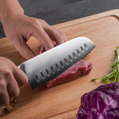 4-Piece Labeled Bamboo Cutting Board Set with Stainless Steel Santoku Knife, Kitchen Prep Bundle for Meat, Vegetables & Fruits