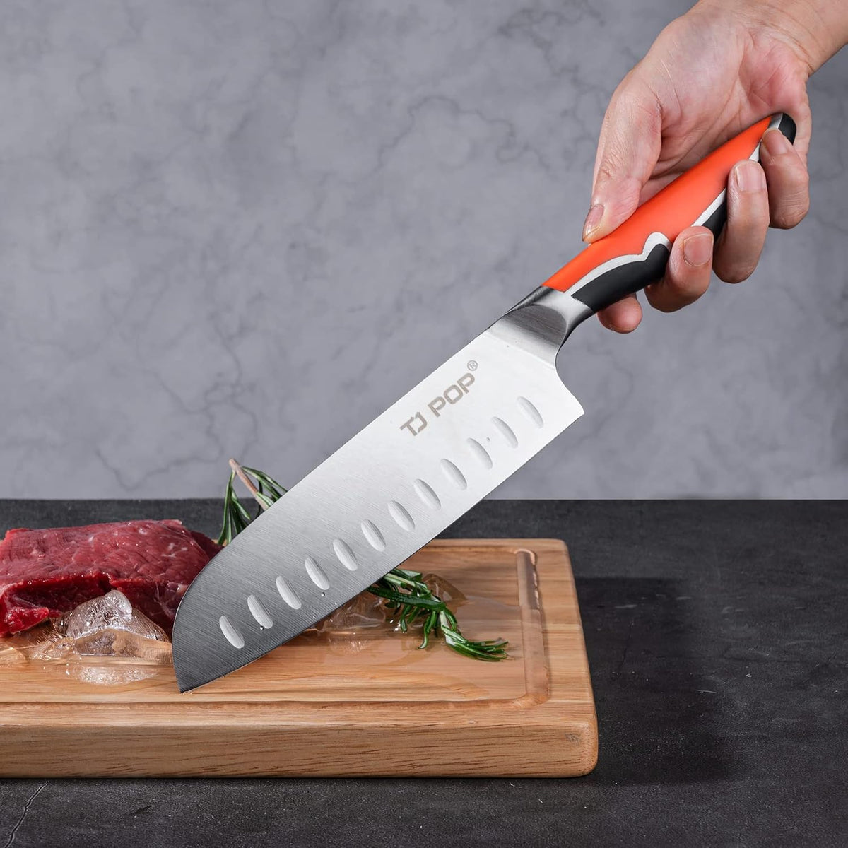4-Piece Labeled Bamboo Cutting Board Set with Stainless Steel Santoku Knife, Kitchen Prep Bundle for Meat, Vegetables & Fruits