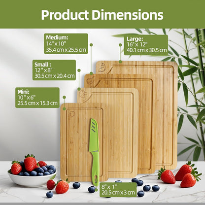 4-Piece Labeled Bamboo Cutting Board Set with Stainless Steel Santoku Knife, Kitchen Prep Bundle for Meat, Vegetables & Fruits