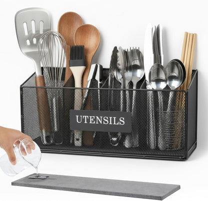 Utensil Holder Extra Large Capacity Metal Utensil Organizer for Kitchen Drawer Organization Spoon Fork Knife Holder with 4 Compartments Silverware Caddy for Home Kitchen Restaurant