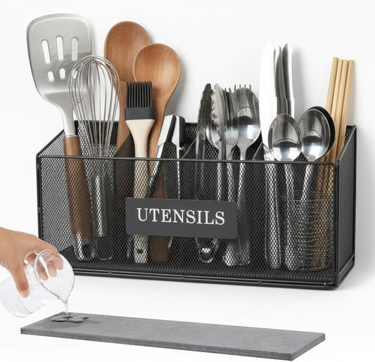 Utensil Holder Extra Large Capacity Metal Utensil Organizer for Kitchen Drawer Organization Spoon Fork Knife Holder with 4 Compartments Silverware Caddy for Home Kitchen Restaurant