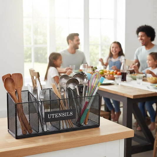 Utensil Holder Extra Large Capacity Metal Utensil Organizer for Kitchen Drawer Organization Spoon Fork Knife Holder with 4 Compartments Silverware Caddy for Home Kitchen Restaurant