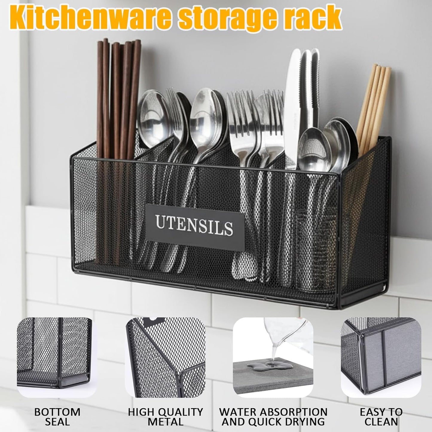 Utensil Holder Extra Large Capacity Metal Utensil Organizer for Kitchen Drawer Organization Spoon Fork Knife Holder with 4 Compartments Silverware Caddy for Home Kitchen Restaurant