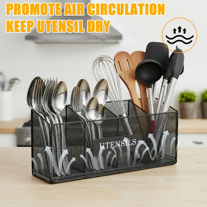 Utensil Holder Extra Large Capacity Metal Utensil Organizer for Kitchen Drawer Organization Spoon Fork Knife Holder with 4 Compartments Silverware Caddy for Home Kitchen Restaurant