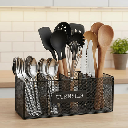 Utensil Holder Extra Large Capacity Metal Utensil Organizer for Kitchen Drawer Organization Spoon Fork Knife Holder with 4 Compartments Silverware Caddy for Home Kitchen Restaurant