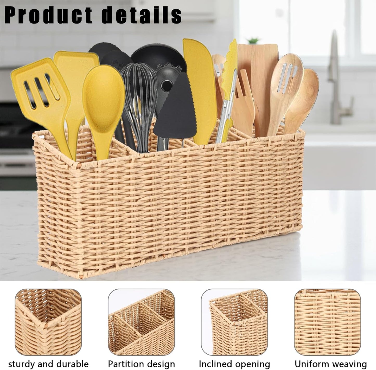 Utensil Holder Extra Large Capacity Metal Utensil Organizer for Kitchen Drawer Organization Spoon Fork Knife Holder with 4 Compartments Silverware Caddy for Home Kitchen Restaurant