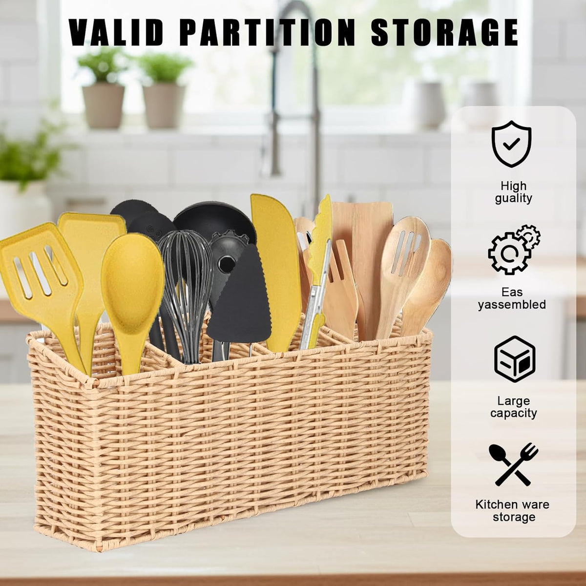 Utensil Holder Extra Large Capacity Metal Utensil Organizer for Kitchen Drawer Organization Spoon Fork Knife Holder with 4 Compartments Silverware Caddy for Home Kitchen Restaurant