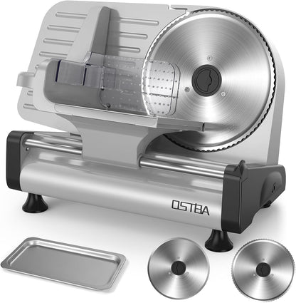 Electric Meat Slicer with 200W DC Motor, 2 Removable 8.7” Stainless Steel Blades, Adjustable Thickness 0–15mm, Food Tray & Hand Grip, Commercial Deli Food Slicer for Meat, Cheese, Bread, Veggies