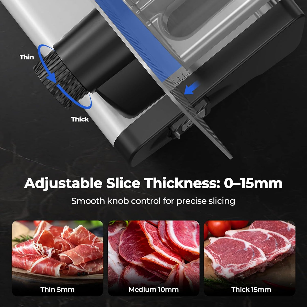 Electric Meat Slicer with 200W DC Motor, 2 Removable 8.7” Stainless Steel Blades, Adjustable Thickness 0–15mm, Food Tray & Hand Grip, Commercial Deli Food Slicer for Meat, Cheese, Bread, Veggies