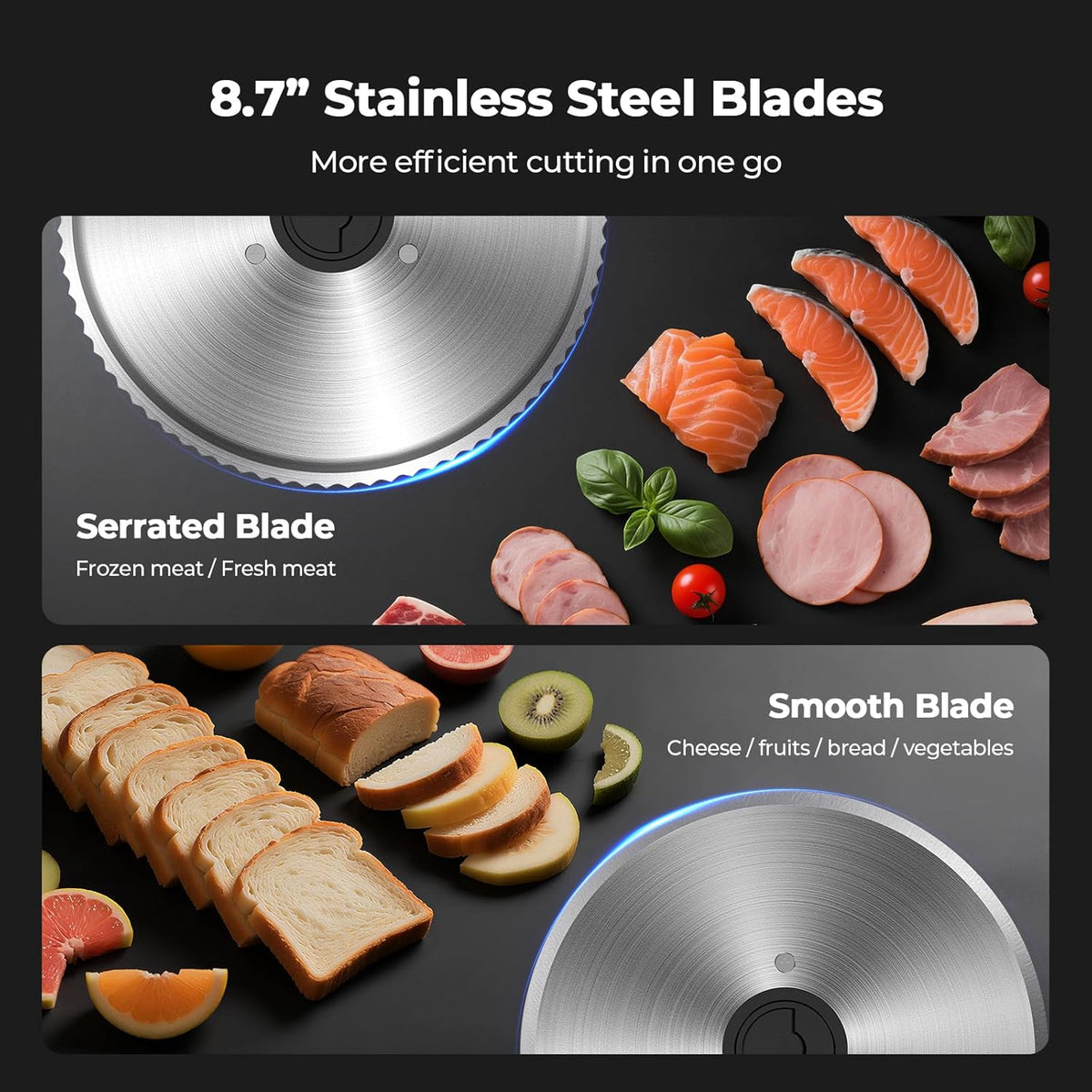 Electric Meat Slicer with 200W DC Motor, 2 Removable 8.7” Stainless Steel Blades, Adjustable Thickness 0–15mm, Food Tray & Hand Grip, Commercial Deli Food Slicer for Meat, Cheese, Bread, Veggies