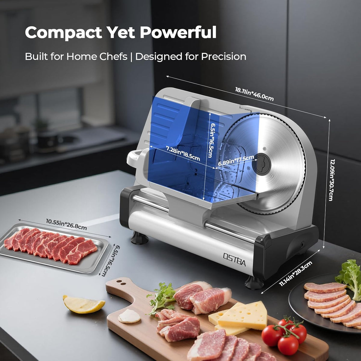 Electric Meat Slicer with 200W DC Motor, 2 Removable 8.7” Stainless Steel Blades, Adjustable Thickness 0–15mm, Food Tray & Hand Grip, Commercial Deli Food Slicer for Meat, Cheese, Bread, Veggies
