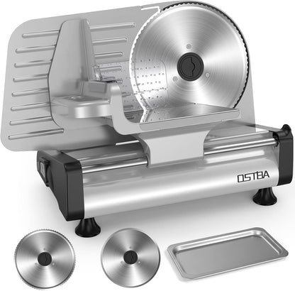 Electric Meat Slicer with 200W DC Motor, 2 Removable 8.7” Stainless Steel Blades, Adjustable Thickness 0–15mm, Food Tray & Hand Grip, Commercial Deli Food Slicer for Meat, Cheese, Bread, Veggies