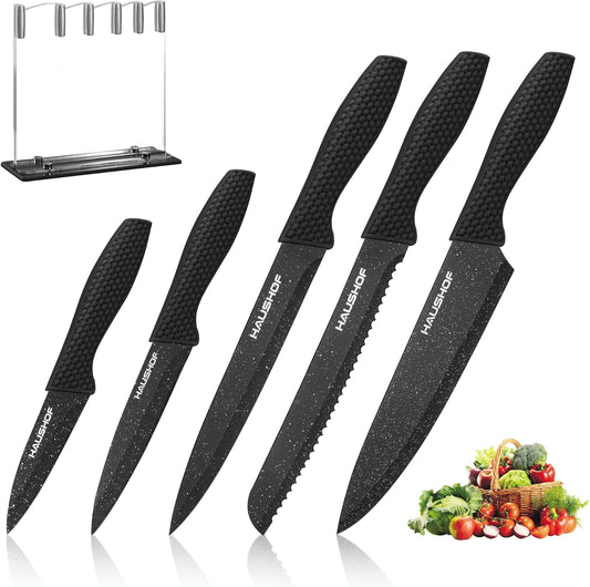 Kitchen Black Knife Set, 5 PCS Knife Sets with Arcylic Block | Teflon Coated Knives Set for Kitchen, Premium Stainless Steel, Ergonomic Handle, Great for Slicing, Dicing&Cutting