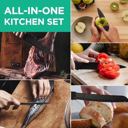 Kitchen Black Knife Set, 5 PCS Knife Sets with Arcylic Block | Teflon Coated Knives Set for Kitchen, Premium Stainless Steel, Ergonomic Handle, Great for Slicing, Dicing&Cutting