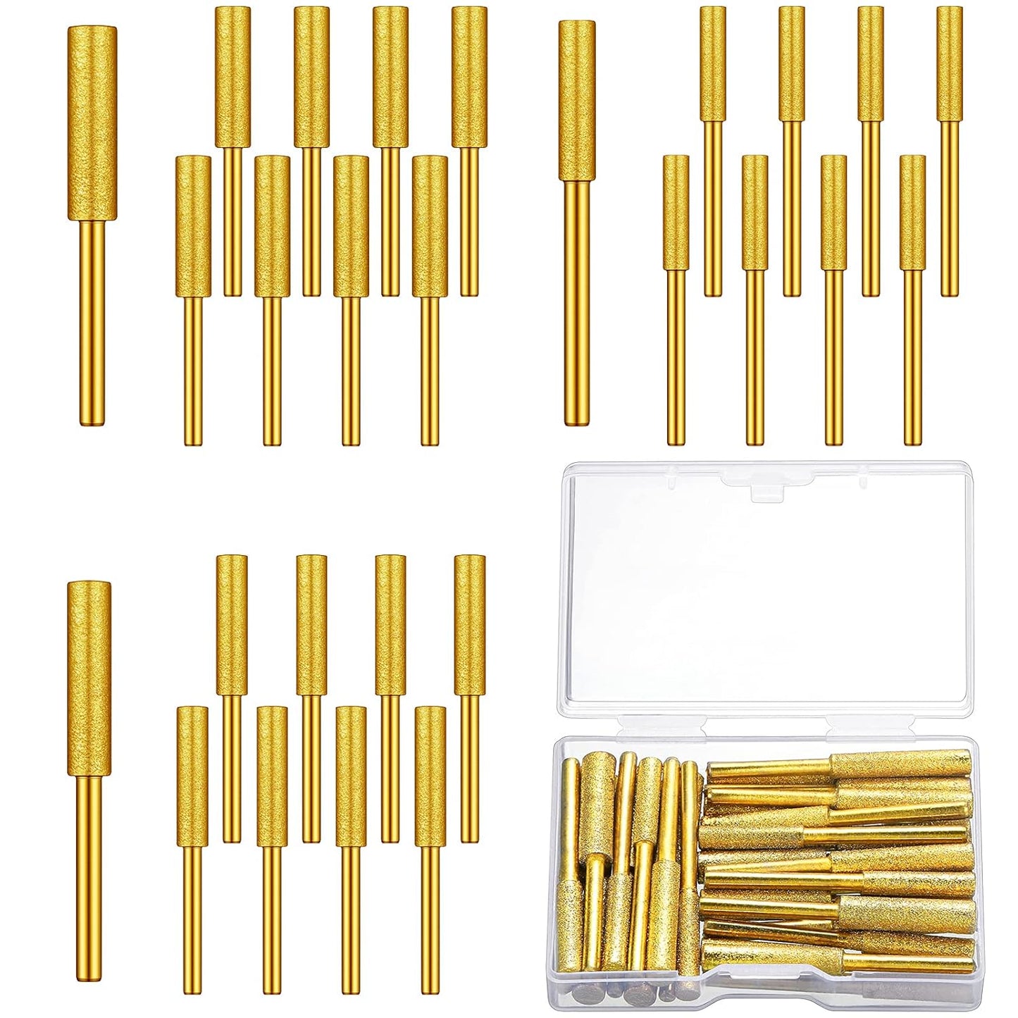 30 Pcs High Hardness Titanium Diamond Chainsaw Sharpener Stone Bit Bulk Chain Electric Chainsaw Sharpening Wheels Kit 3 Size Plated Grinding Tool, 5/32, 3/16, 7/32 Inch (Gold)