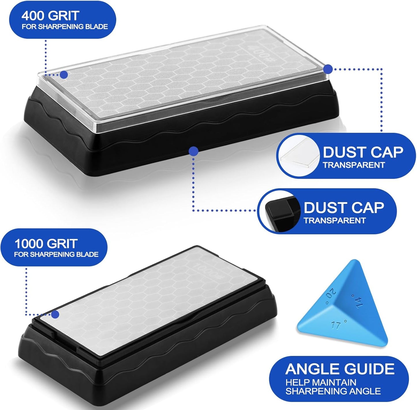 Diamond Sharpening Stone,3 Side 400/1000/6000 Grit Premium Industrial Diamond & Ceramic Whetstone Knife Sharpener Stone With Edge Grip holder and Non-slip Base