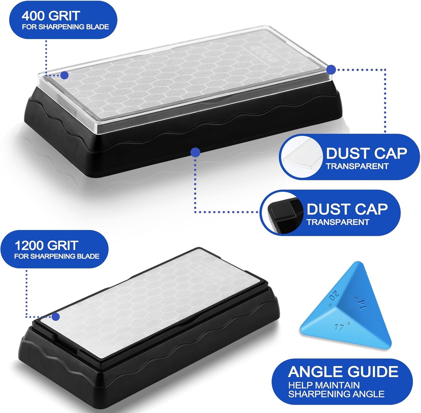 Diamond Sharpening Stone,3 Side 400/1000/6000 Grit Premium Industrial Diamond & Ceramic Whetstone Knife Sharpener Stone With Edge Grip holder and Non-slip Base