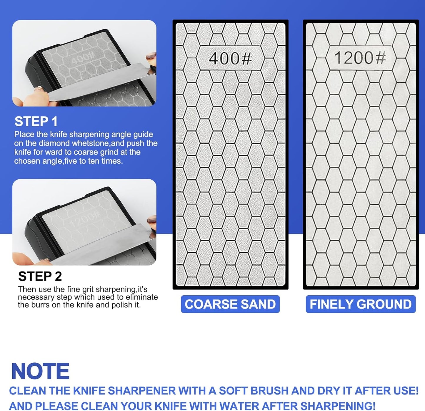 Diamond Sharpening Stone,3 Side 400/1000/6000 Grit Premium Industrial Diamond & Ceramic Whetstone Knife Sharpener Stone With Edge Grip holder and Non-slip Base