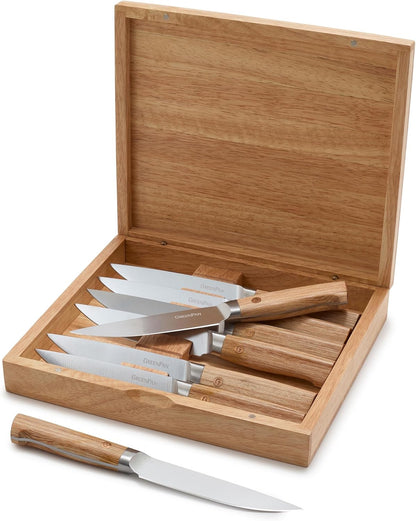 Elite 8 Piece Steak Knife Set, Professional Stainless Steel Blades with Titanium Coating, Ultra-Sharp Dining Knives, Kitchen Cutlery, Ergonomic Wood Handles, Wooden Storage Box