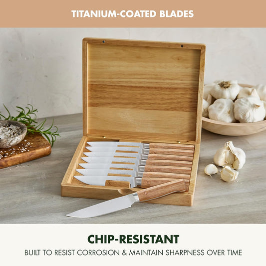 Elite 8 Piece Steak Knife Set, Professional Stainless Steel Blades with Titanium Coating, Ultra-Sharp Dining Knives, Kitchen Cutlery, Ergonomic Wood Handles, Wooden Storage Box