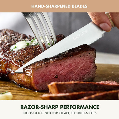 Elite 8 Piece Steak Knife Set, Professional Stainless Steel Blades with Titanium Coating, Ultra-Sharp Dining Knives, Kitchen Cutlery, Ergonomic Wood Handles, Wooden Storage Box